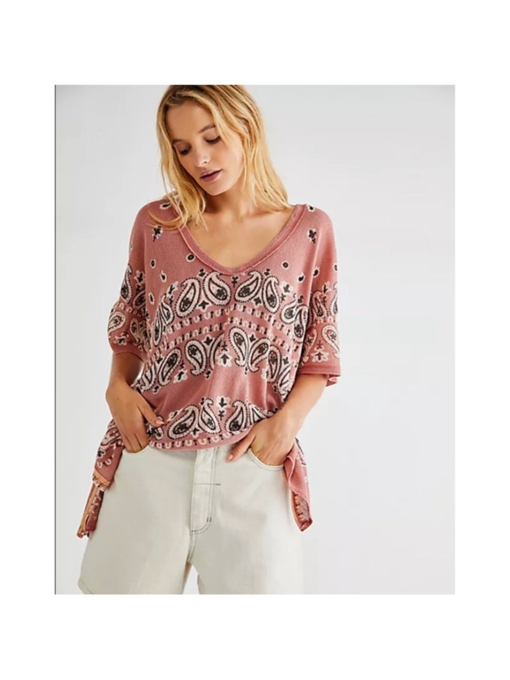 FREE PEOPLE No Matter What Paisley Print Knit Tunic Top Rust Bohemian Womens‎ xl